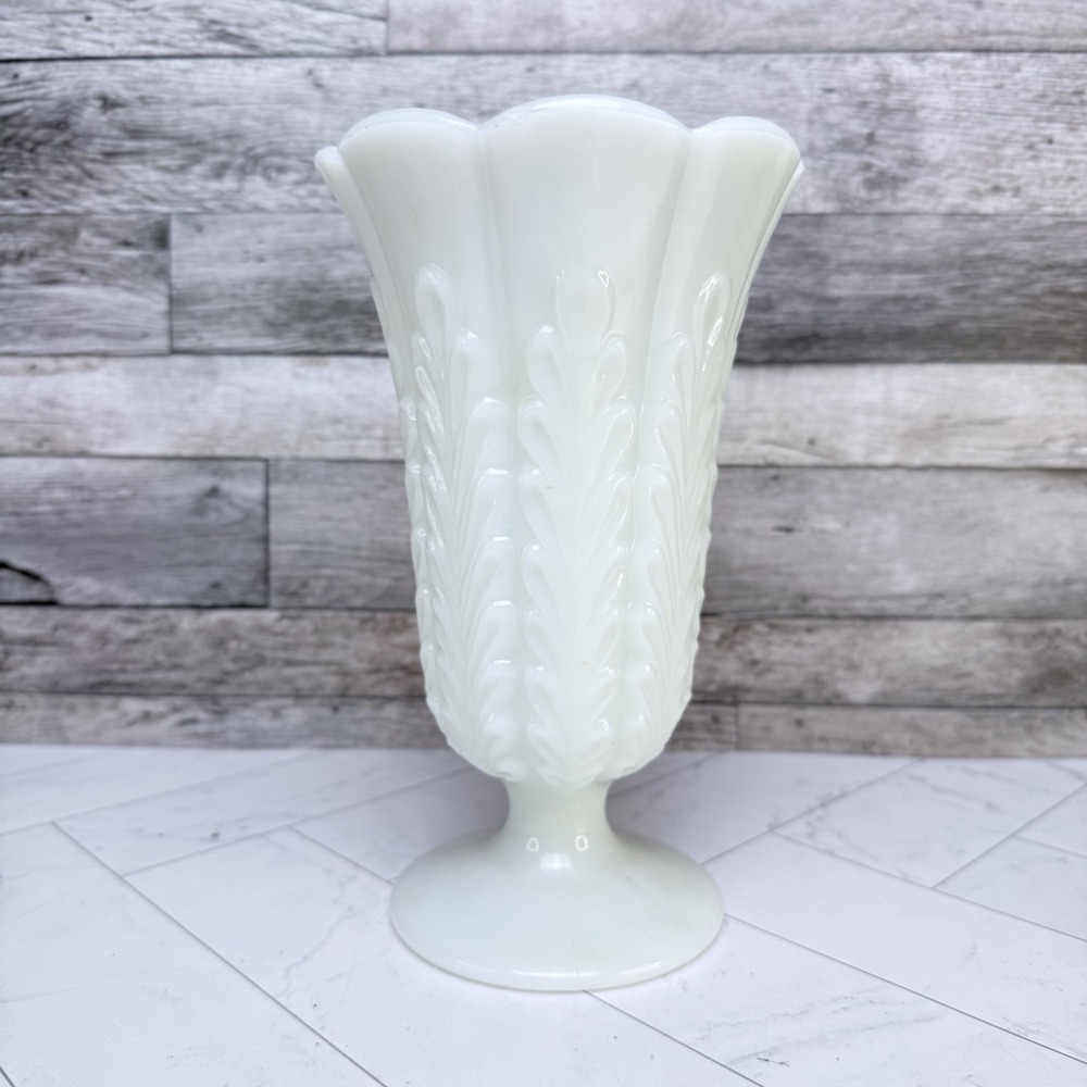 Milk Glass Footed Pedestal Vase -B.O. Brody - Scalloped Floral Pattern 9"